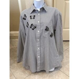 VTG Mili Designs Embroidered Butterfly‎ Black White Striped Button Up Shirt Sz M